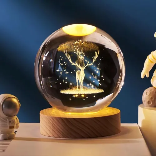 Image of Desidiya Deer 3D Crystal Ball Night Light with Wooden Base - LED USB Table Lamp for Kids, Teens, and Home Decor