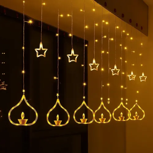 Image of Desidiya® Deep Diya Curtain Lights Diwali Curtain Lights Warm White Indoor