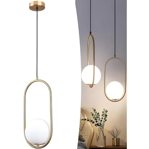 Image of Desidiya Modern Pendant Light, Oval Globe Design with Gold Frame, Corded Electric
