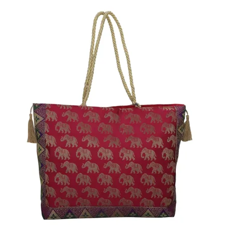 Image of Designer Ethnic Handmade Brocade Silk Tote Bag For Women's Shoulder Bag Shopping