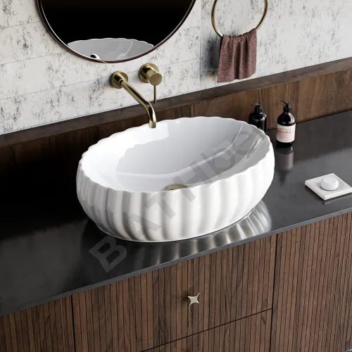 Image of Designer Glossy Finish Table Top Ceramic Wash Basin Vessel Sink | Collapsible Wash Basin (Designer White Wash Basin, 20 