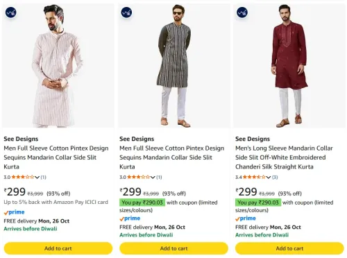 Image of See Designs Men Full Sleeve Kurta Upto 93% Discount 