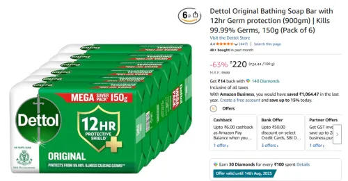 Image of Dettol Original Bathing Soap Bar 150g (Pack of 6)