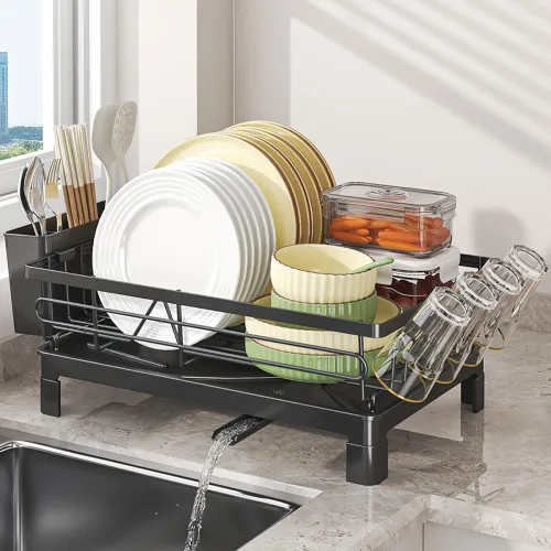 Image of DEVA Raised Dish Drying Rack, Space Saving Utensils Drying Rack, Stainless Steel Dish Rack with Drainer Tray, Utensil Ho