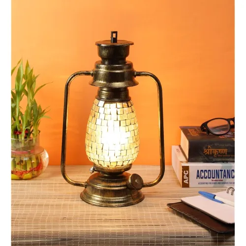 Image of Devansh Golden Mosaic Glass Lantern Table Lamp (Multicolor)