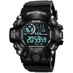 Digital Dial Black Solid Design Strap Multi Functional with Backlight Sports Kids Watch for Men & Boy-Multi-Functional Automatic Waterproof Water Resistance