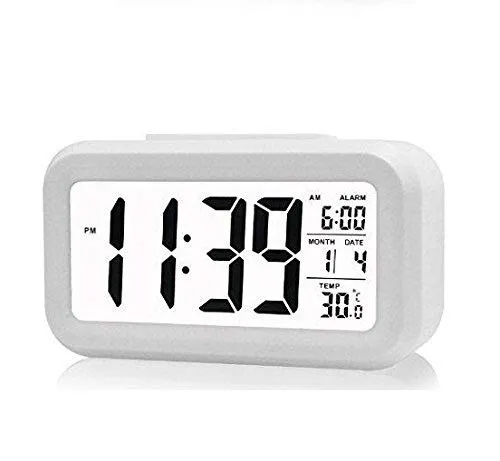 Image of Plastic Digital Smart Backlight Battery Operated Alarm Table Clock with Automatic Sensor, Date and Temperature (White)
