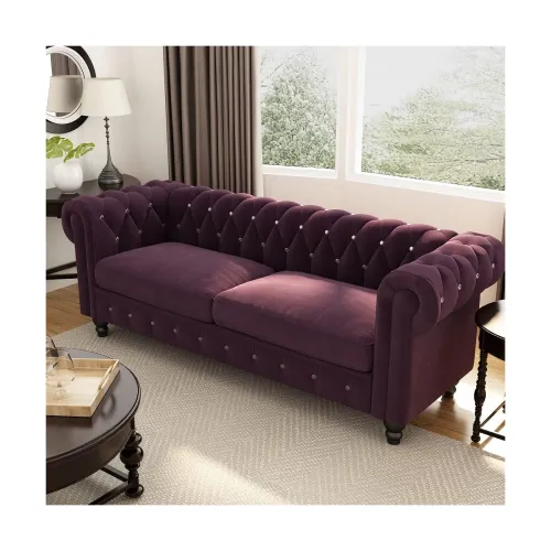 Image of Dime Store Wooden Chesterfield Sofa 3 Seater with Button Tufted Design Solid Wood Frame Upholstered Couch with Rolled Ar