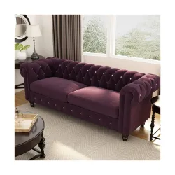 Dime Store Wooden Chesterfield Sofa 3 Seater with Button Tufted Design Solid Wood Frame Upholstered Couch with Rolled Ar