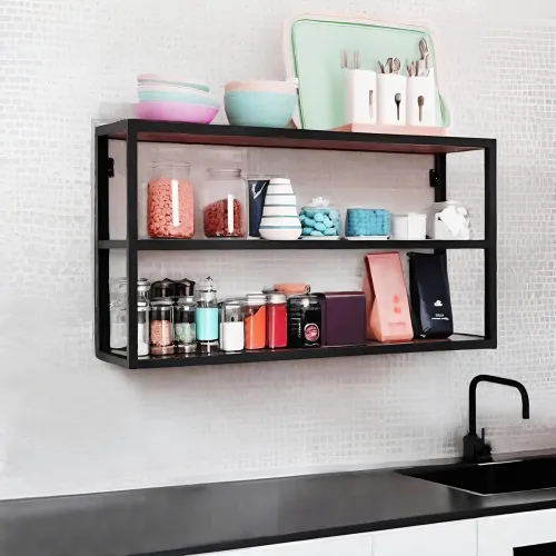 Image of Dime Store Metal & Wood Kitchen Wall Shelf Spice Rack 3-Tier for Storage Utensils & Containers | Table Top Storage Organ