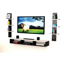 Dime Store Wooden Wall Mounted TV Unit for Living Room, TV Cabinet for Wall, TV Stand for Wall, TV Stand Unit Wall Shelf for Living Room, Set Top Box Stand (Large, White Shelves)