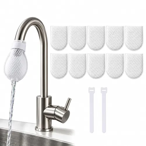 Image of Disposable White Mesh Faucet Filter Covers with Securing Straps – 10 pcs