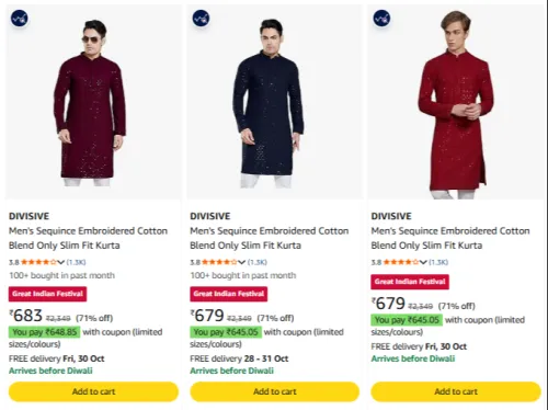 Image of DIVISIVE Men's Sequince Embroidered Cotton Blend Only Slim Fit Kurta at minimum 70% Discount