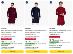 DIVISIVE Mens Sequince Embroidered Cotton Blend Only Slim Fit Kurta at minimum 70% Discount