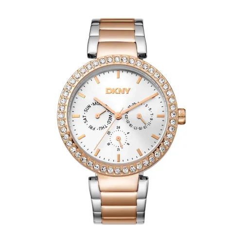 Image of DKNY Downtown Glitz Analog Multifunction Japanese Movement Silver Round Dial with Two Tone Bracelet 20 x 18 mm, 50 m Wat