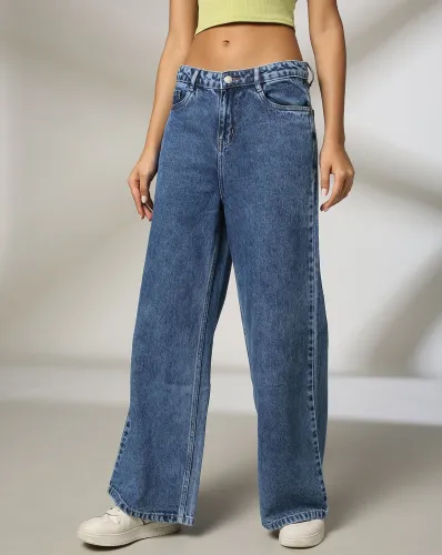 Image of DNMX FOR TRENDS SELECT Women Stone Wash Wide-Leg Cotton Jeans
