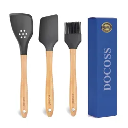 DOCOSS- Pack of 3-Silicone Spatula Set with Wooden Handle/Spatula for Kitchen with Silicon Turner Spatula Heat Resistant/Wooden Spatula Set for Baking