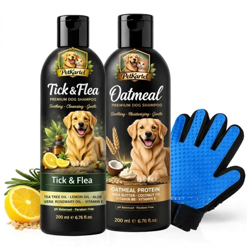 Image of Dog Grooming Combo – Tick & Flea + Oatmeal Shampoo 200ml Each with Deshedding Glove