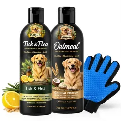 Dog Grooming Combo – Tick & Flea + Oatmeal Shampoo 200ml Each with Deshedding Glove