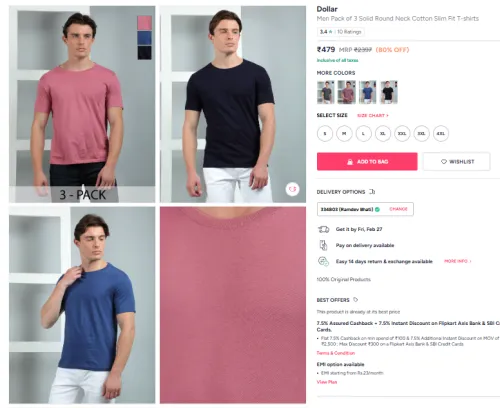 Image of Dollar Men Solid Round Neck Cotton Slim Fit T-shirts (Po3)