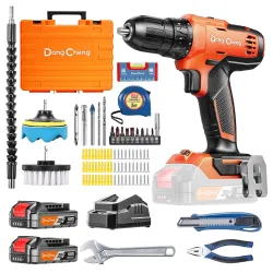 DongCheng 20V Cordless Drilling Machine, 40Nm Torque, 350W Copper Motor, 18+1 Settings, 2-Speed 0-1500 RPM, 2Pcs 2.0Ah Battery and Charger, Clean Kit, Manual Tool, 16Pcs Drill Accessories fo...