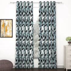 Door Curtains 7 Feet Set of 2, Floral Black & Cyan Blue