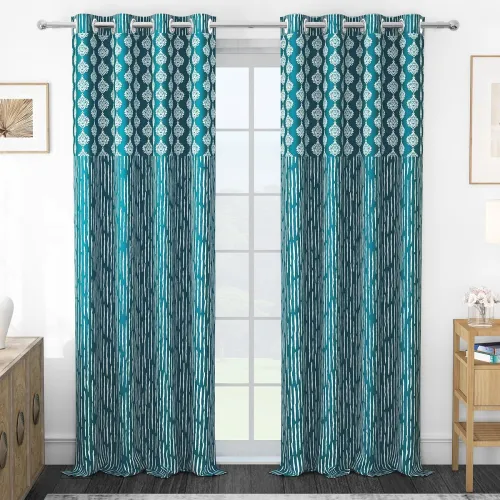 Image of Door Curtains 9 Feet Pack of 1, Damask, Blue & White