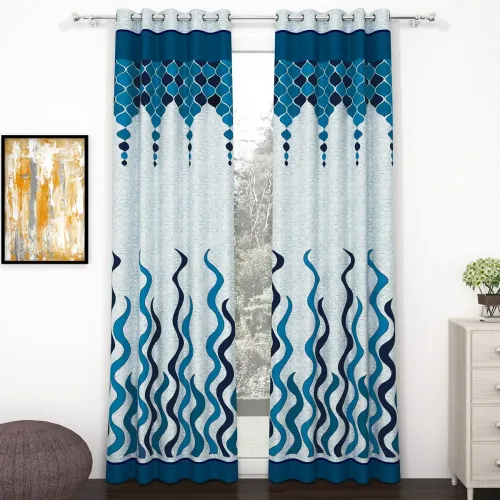 Image of Door Curtains 9 Feet Set of 2, Abstract Sky Blue & Blue