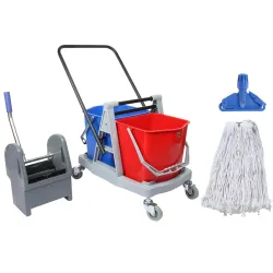 Double Bucket Mop Wringer Trolley with Mop Set Free with 1 Piece 350 GM Cotton Wet mop Refill and Wet mop Clip - 40 LTR