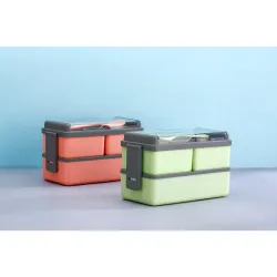 Double Decker Plastic Lunch Box | 3 Detachable Compartments, 2 Spoons & Stylish Lid | BPA-Free & Airtight (Orange, Light Green)