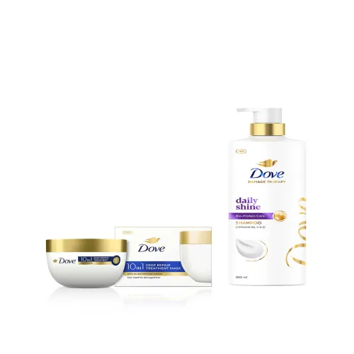 Image of Dove Set of Daily Shine Shampoo - 650ml & 10-in-1 Deep Repair Treatment Hair Mask - 120ml