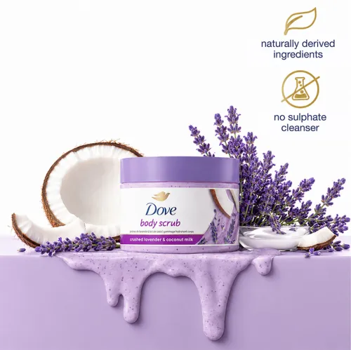 Image of DOVE Exfoliating Body Polish Scrub Crushed Lavender & Coconut Milk for Dry Skin