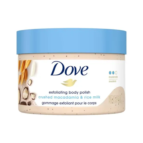 Image of Dove Exfoliating Body Polish | Body Scrub | Deeply Nourishing Crushed Macadamia and Rice Milk | Moisturises & Brightens 