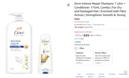 Image of Dove Intense Repair Shampoo 1 Litre + Conditioner 175ml