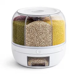 Dravizon 6-Grid Rotating Food Dispenser - Rice Bucket Storage Tank, Cereal Dispenser, Stackable Containers, One-Click Rice Picking, White