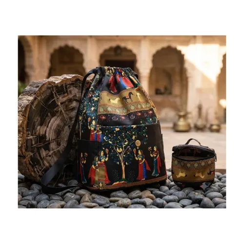 Image of Drawstring Backpack for Women & Girls, Traditional Rajasthani Print Sling Bag