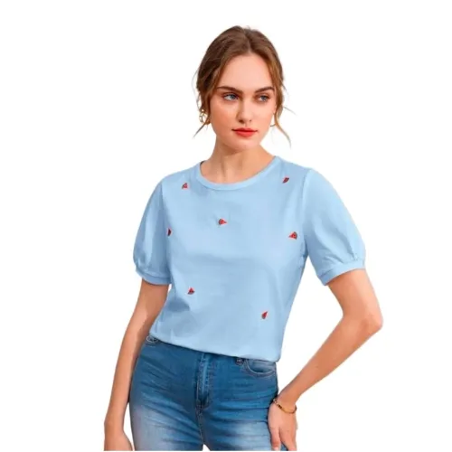 Image of Dream Beauty Fashion Casual Women's Round Neck and Puff Sleeves Stylish Printed Top - 23" inches (Tee-Ananya01)