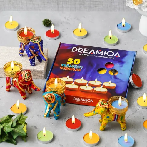 Image of Dreamica Tealight Candles Pack of 50 with 4 Decorative Holders