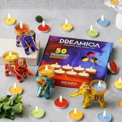 Dreamica Tealight Candles Pack of 50 with 4 Decorative Holders