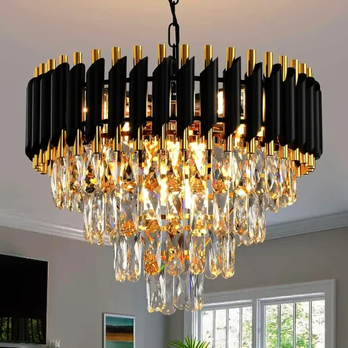 Image of DREAMY DESIGNS Chandelier Lights for Ceiling Black Gold 500 MM 4-Tier Crystal Chandeliers for Living Room