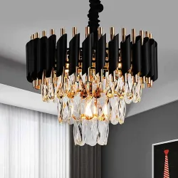 DREAMY DESIGNS Chandelier Lights for Ceiling Black Gold 400 MM 3-Tier Crystal Chandeliers for Living Room with 3 Mode LED Light Plate for Hall Modern Jhumar Designer Bedroom and Dining Room