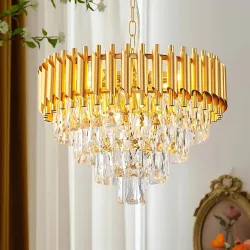 DREAMY DESIGNS Chandelier Lights for Ceiling Gold 500MM 4-Tier K9 Crystal Chandeliers for Living Room with 3 LED Light Mode Ceiling Light for Hall Modern Jhumar Designer Bedroom and Dining R...