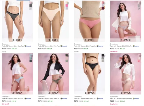 Image of Dressberry Pack of 3 Women Bikini Grey Panty Minimum 80% Discount.