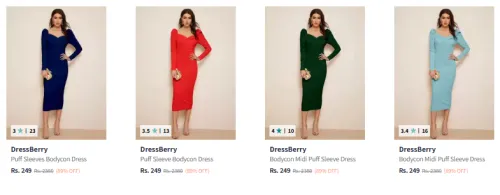 Image of DressBerry Puff Sleeves Bodycon Dress Starting at ₹249