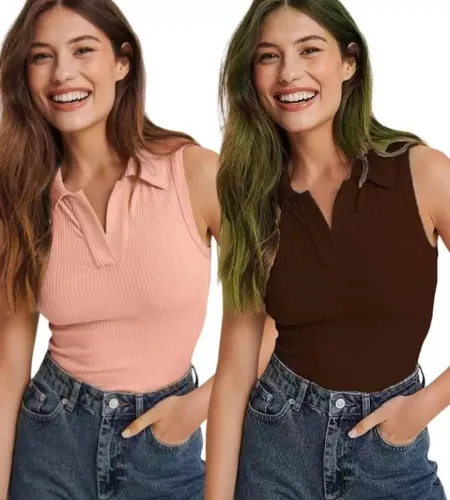 Image of DRESSBIZ  Pack of 2 Casual Sleeveless Solid Women Brown