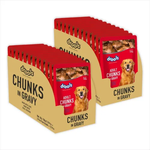 Image of Drools Chunks in gravy for Adult - Chicken Liver and Real Chicken 3.6 kg (24x0.15 kg) Wet Adult Dog Food
