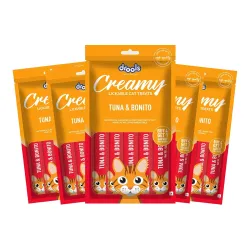 Drools Creamy Lickable Cat Treats (75g x 5 Pouches) Total 375g | Tuna & Bonito | Easy to Hand Feed | Enriched with Vitamins