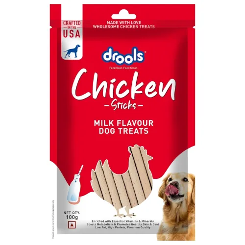 Image of Drools Puppy & Adult Dog Treats Sticks 100g | Chicken & Milk Flavour | Rich in Protein | No Artificial Preservatives | B