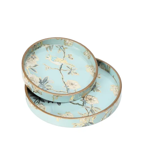 Image of DULI Set of 2 Round MDF Serving Trays – 7x7 & 9x9 in, AquaGoldBirds