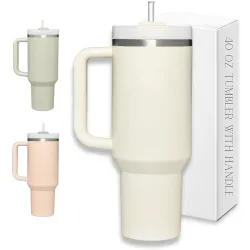 DUPE 40 oz Tumbler with Handle and Straw Lid, Stainless Steel Insulated Travel Mug for Hot and Cold Beverages, Maintains Cold Ice and Heat, Leak Resistant Double Wall Vacuum Sealed Cup (Crea...